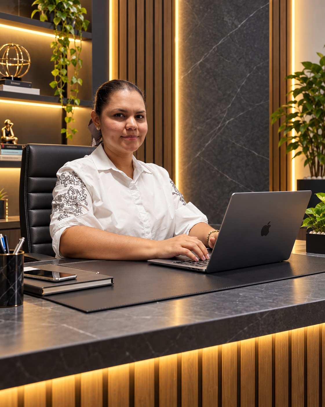 Colaboradora de ADAS Seguros sonriendo en su escritorio